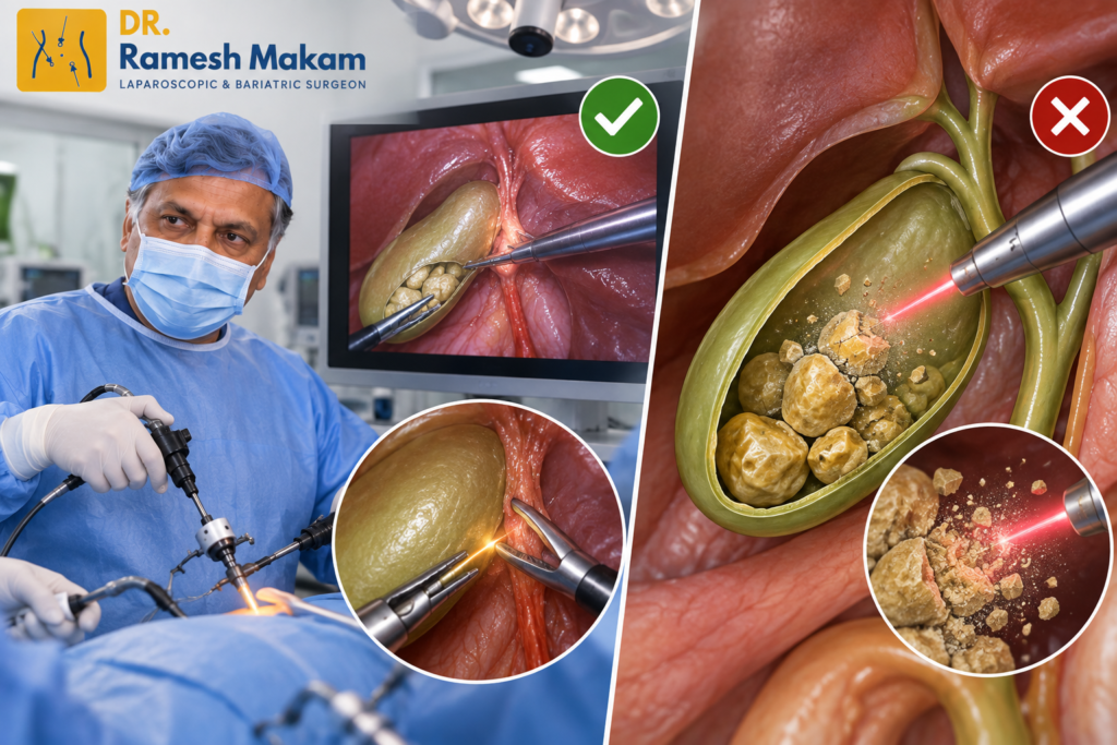 Medical illustration explaining how laser-assisted tools differ from laser treatment for gallstones