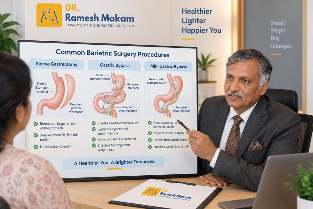 Medical illustration comparing sleeve gastrectomy and gastric bypass procedures