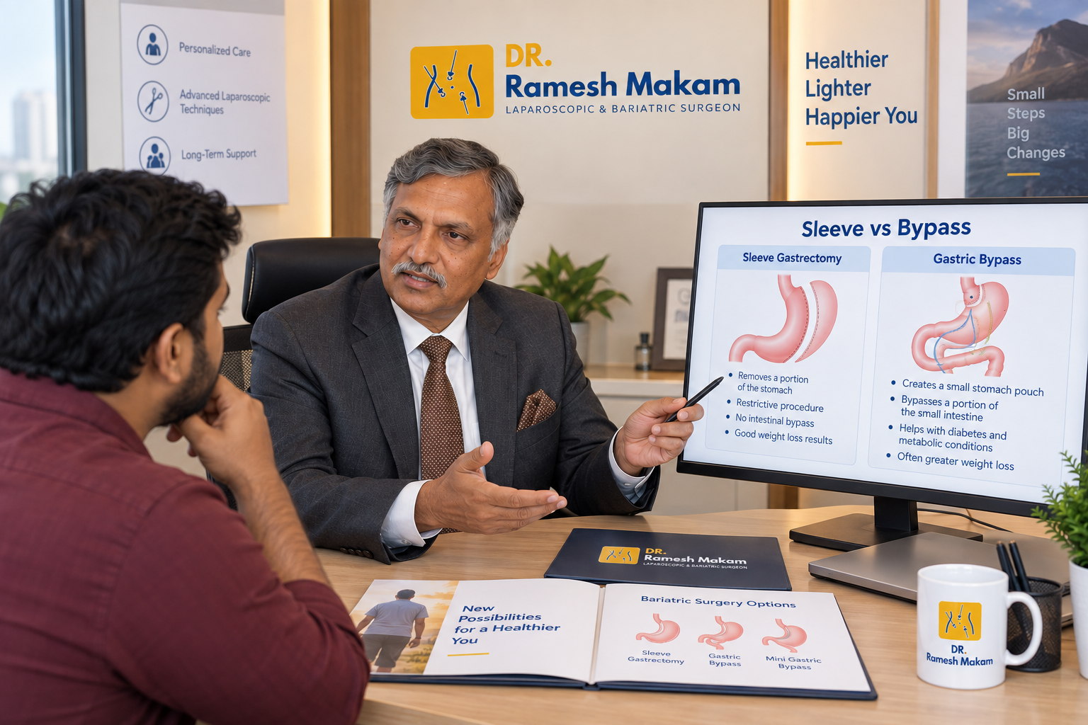 Bariatric surgeon discussing sleeve gastrectomy and gastric bypass with a patient